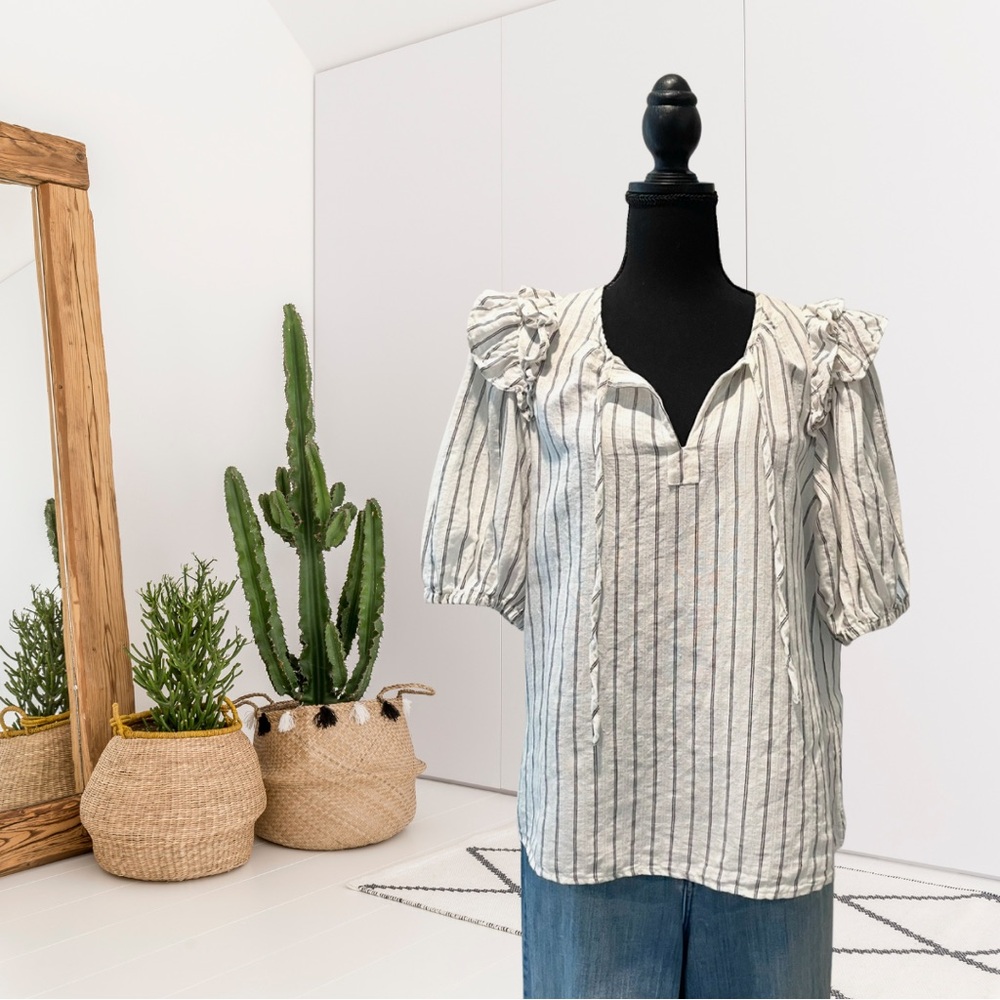 Caballero Striped Puff Ruffle Sleeve Linen Blend Top